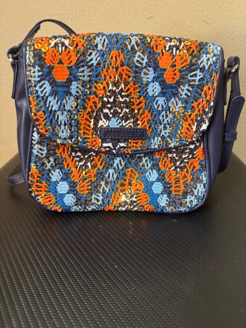 Vera Bradley Navy Crossbody with Blue & Orange Embroidered Pattern